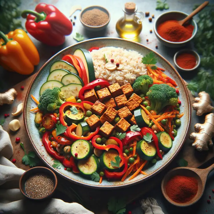 Gebratener Tempeh mit Gemüse und Reis Recipe
