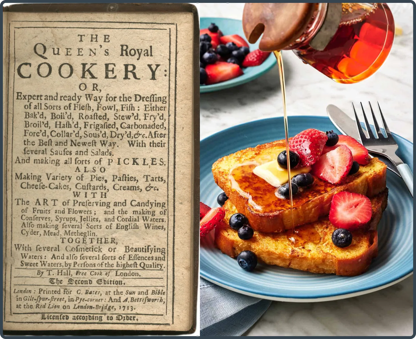 Historische Kochbuchseite ohne Bilder neben modernem Food-Blog mit Hochglanzfotos