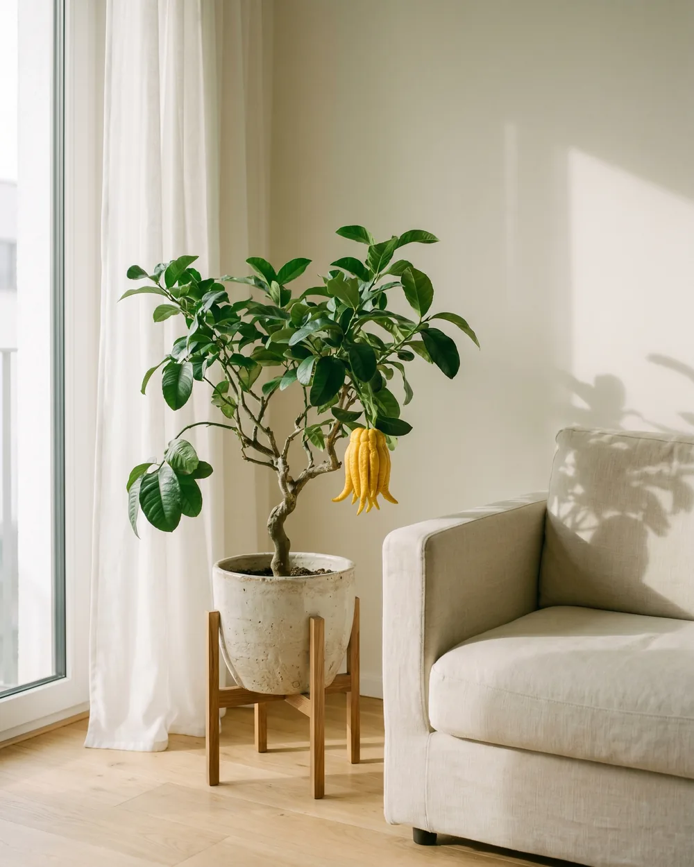 Buddha-Hand-Zitronenbaum styliert im Wohnraum