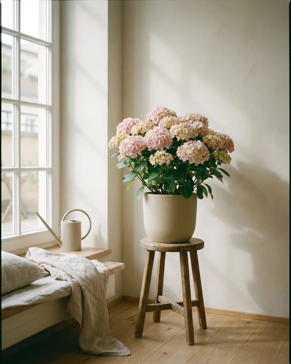 Bauernhortensie styliert im Wohnraum