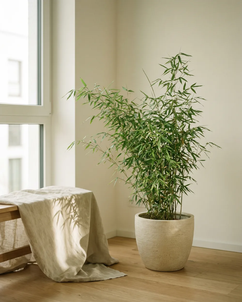 Rote Schirmbambus styliert im Wohnraum
